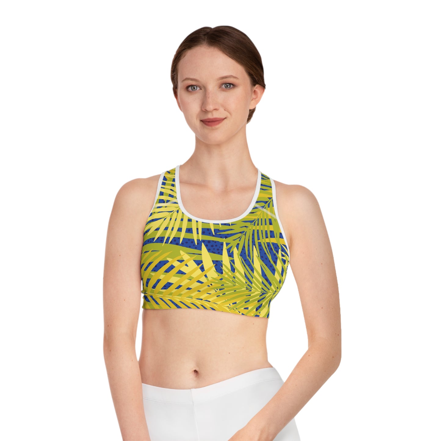 Tropical Palm Print Sports Bra — Yellow & Blue Active Crop Top Printify