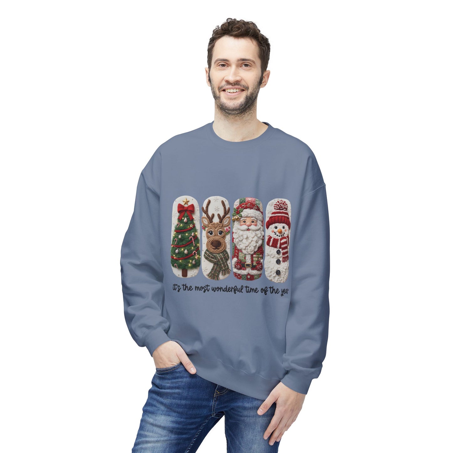 Christmas Crewneck Sweatshirt — Festive Tree Reindeer Santa Snowman Design Printify
