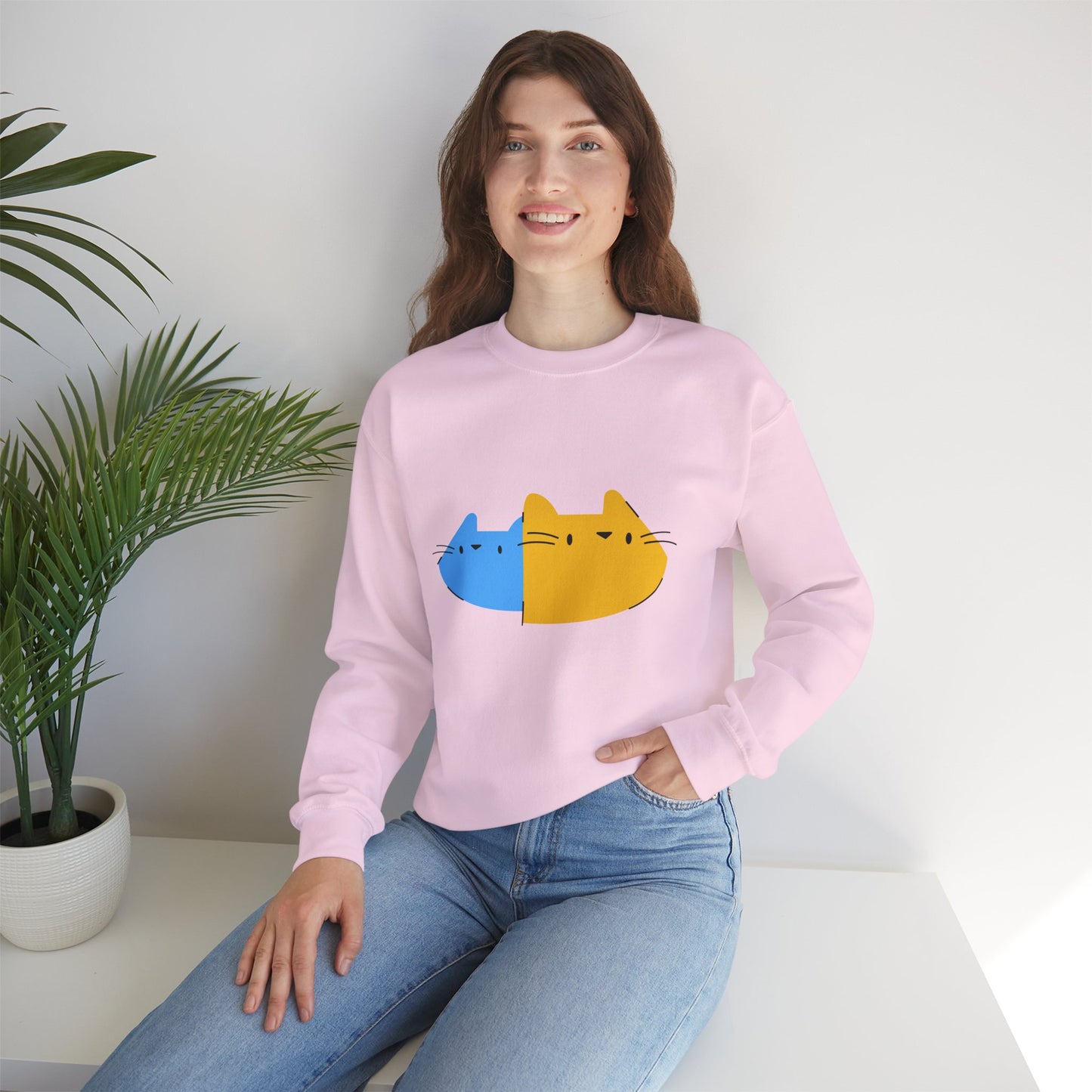 Cat Split Face Crewneck Sweatshirt – Cute Blue & Yellow Cat Graphic Printify