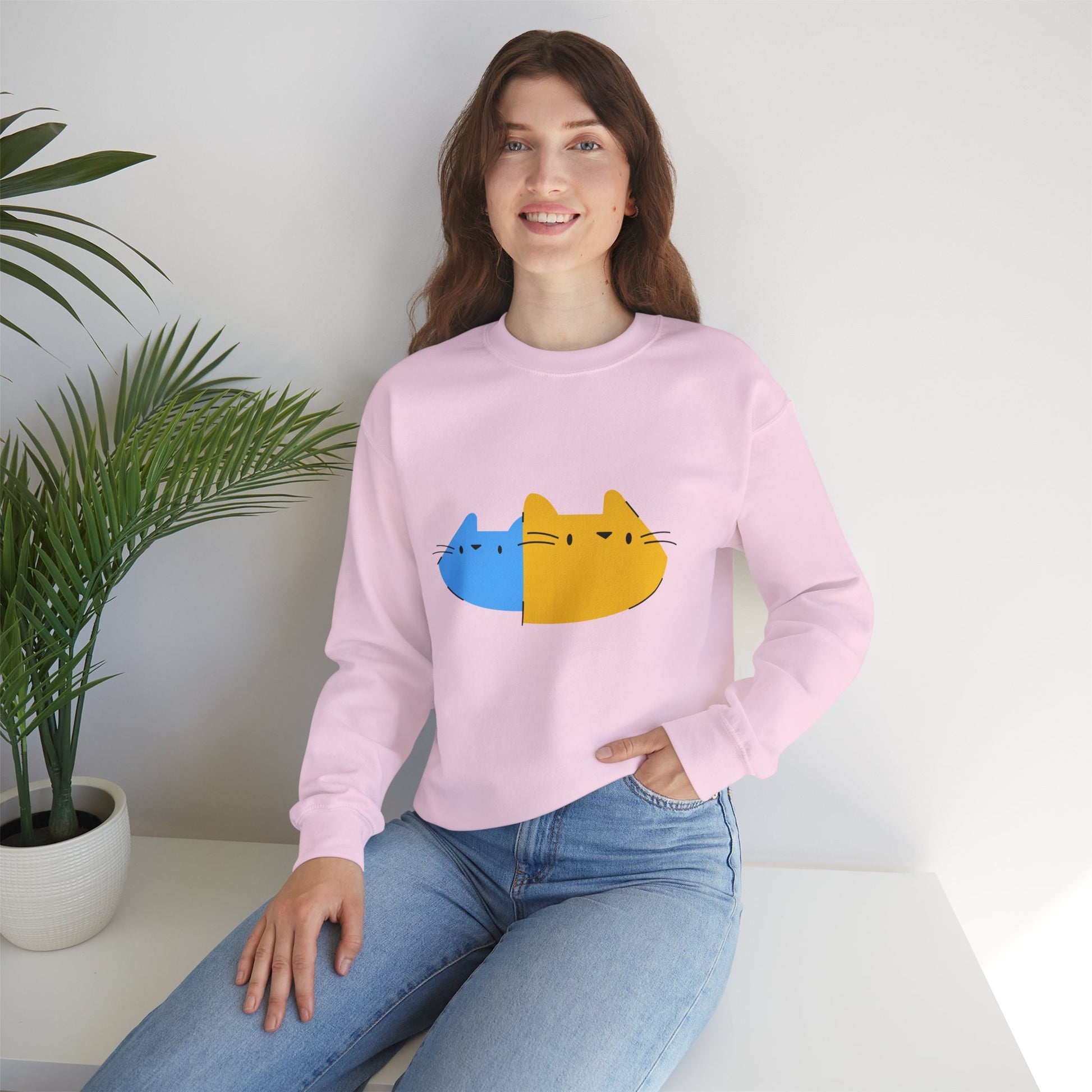 Cat Split Face Crewneck Sweatshirt – Cute Blue & Yellow Cat Graphic Printify