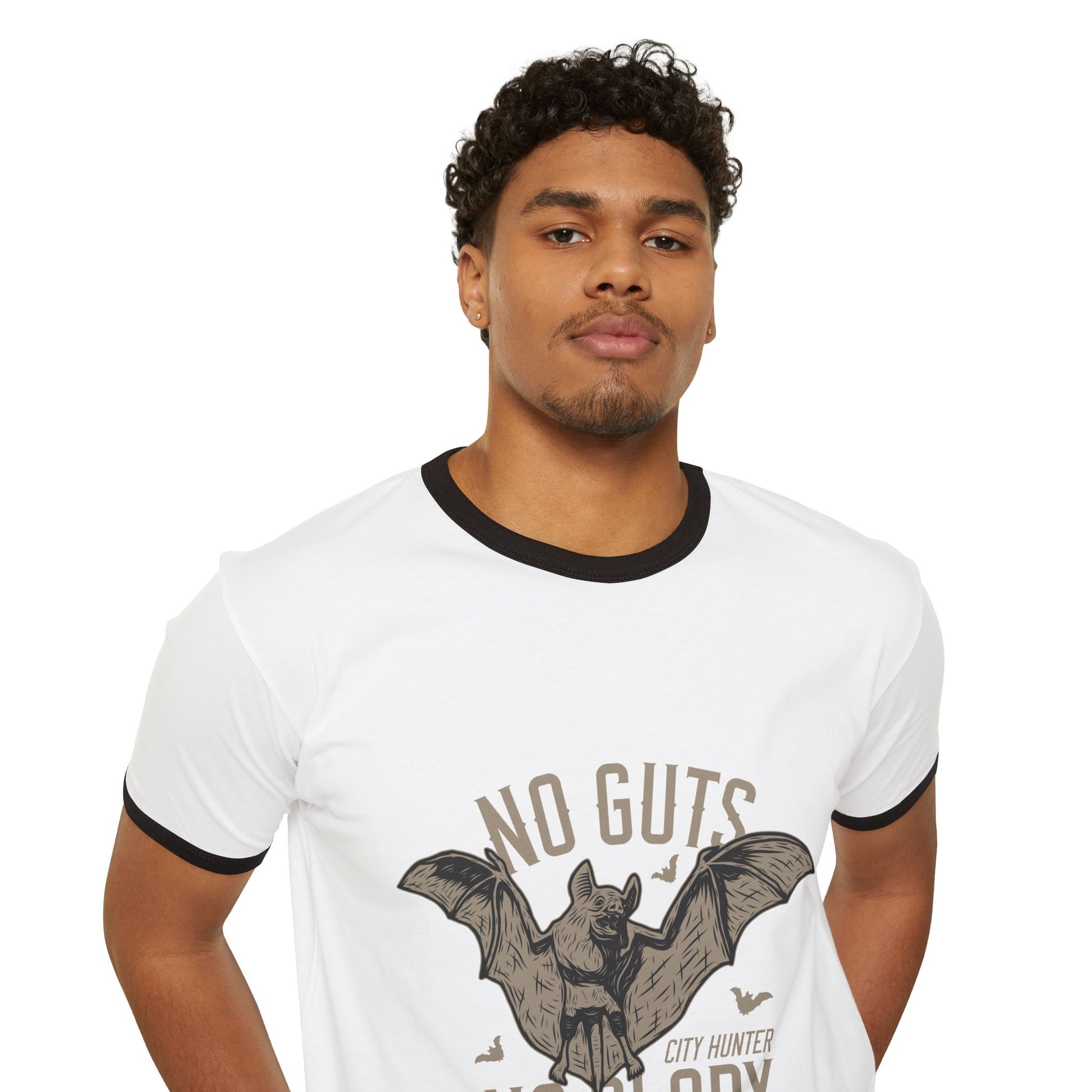 Bat Hunter Ringer Tee — "No Guts No Glory" Vintage Graphic T-Shirt Printify