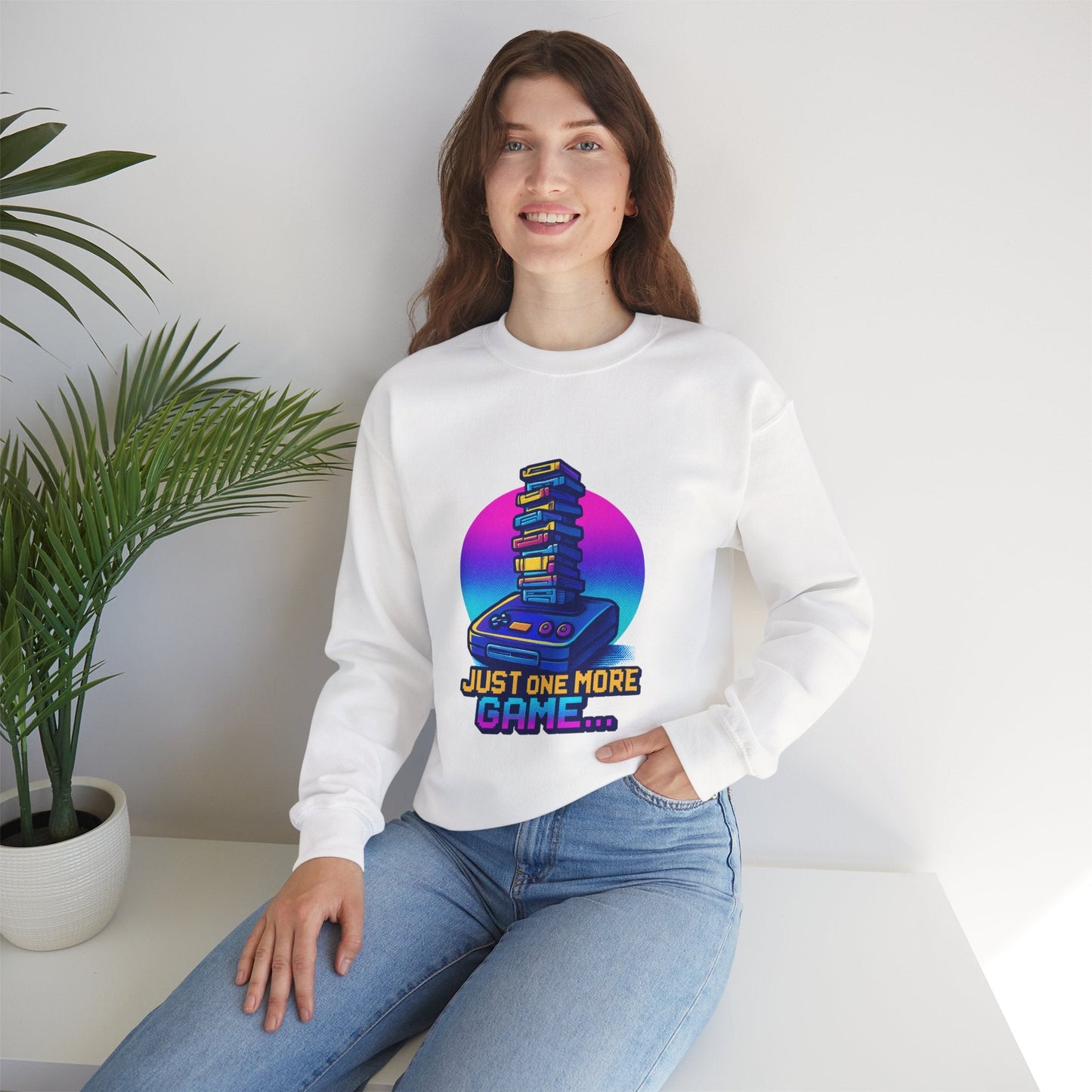 Gaming Crewneck Sweatshirt — Retro Console 'Just One More Game' Design Printify