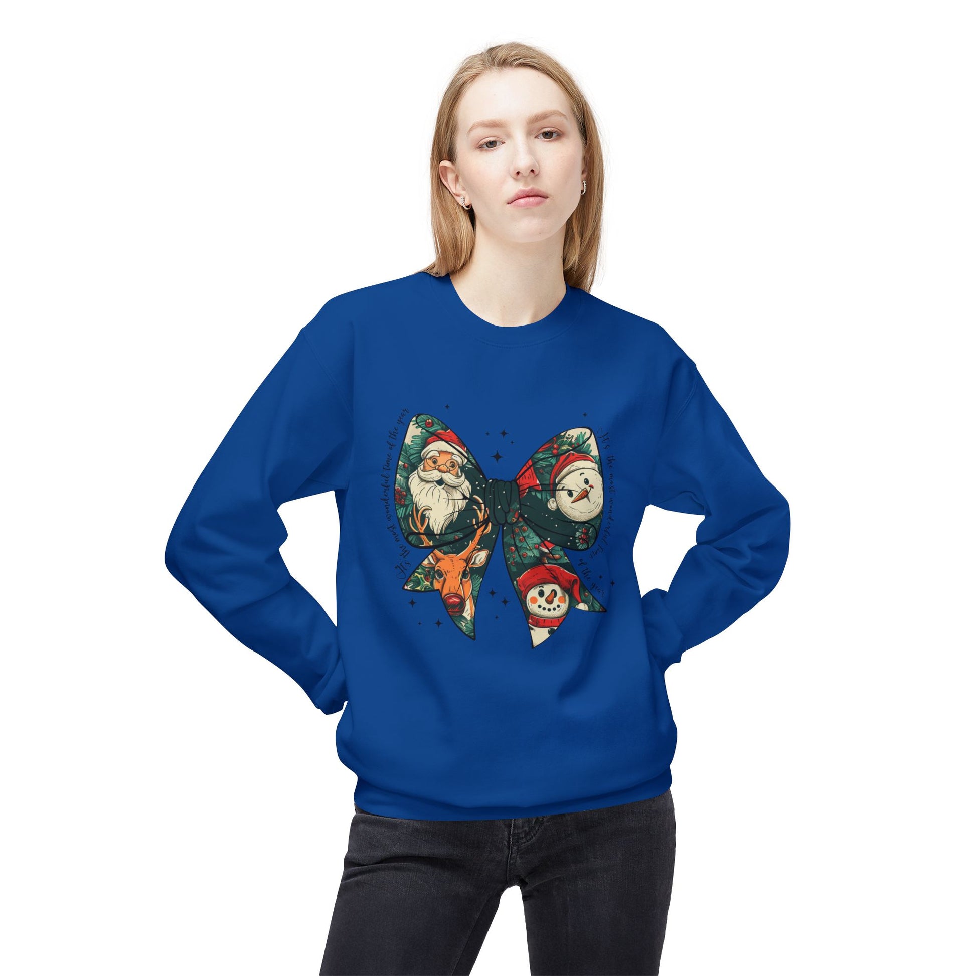 Christmas Bow Sweatshirt — Vintage Santa & Snowman Holiday Crewneck Printify