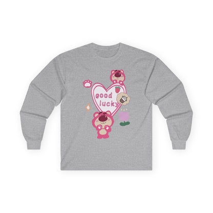 Good Lucky Heart Long Sleeve Tee — Cute Pink Bear Lucky Charm Shirt Printify