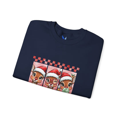 Christmas Reindeer Trio Crewneck Sweatshirt – Cute Santa Hat Holiday Sweater Printify