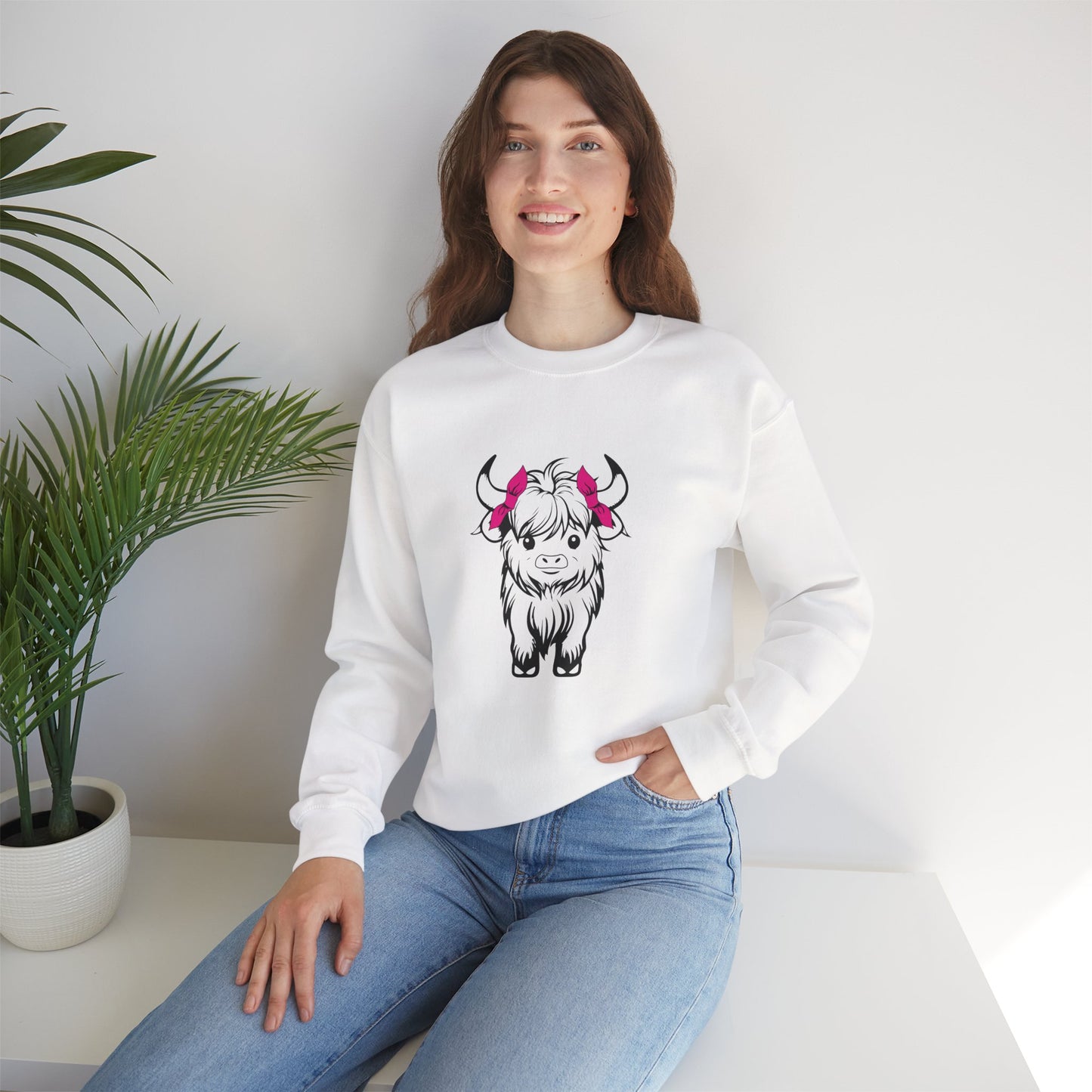 Highland Cow Crewneck Sweatshirt — Cute Yak Illustration with Pink Horns Printify