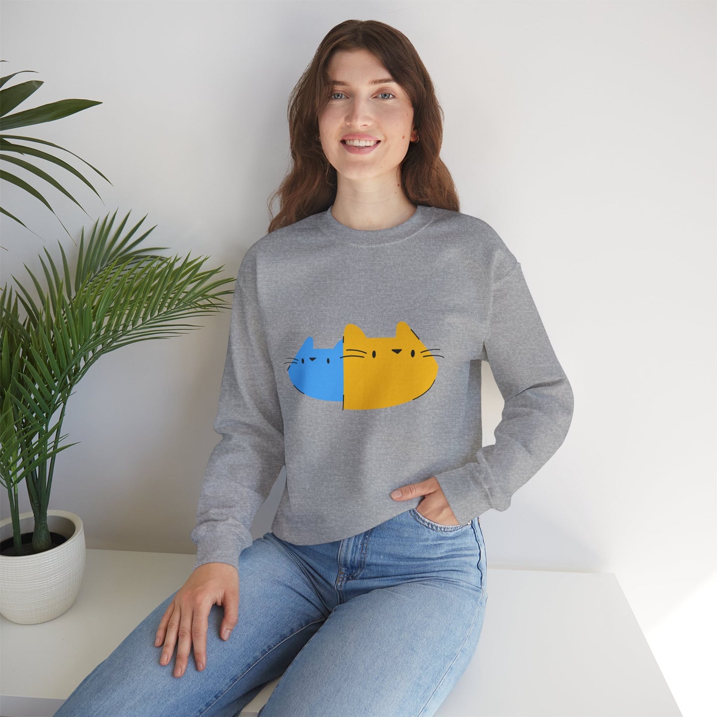 Cat Split Face Crewneck Sweatshirt – Cute Blue & Yellow Cat Graphic Printify