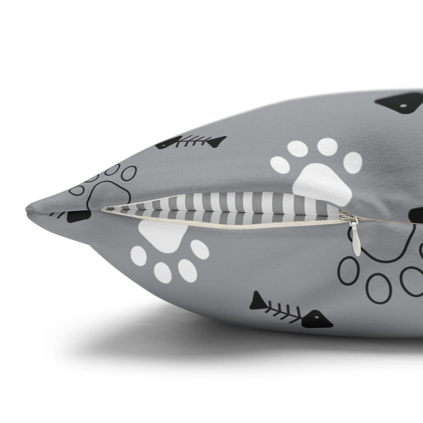 Cat Paw Print Decorative Pillowcase — Grey Fishbone & Paw Pattern Cushion Cover Printify