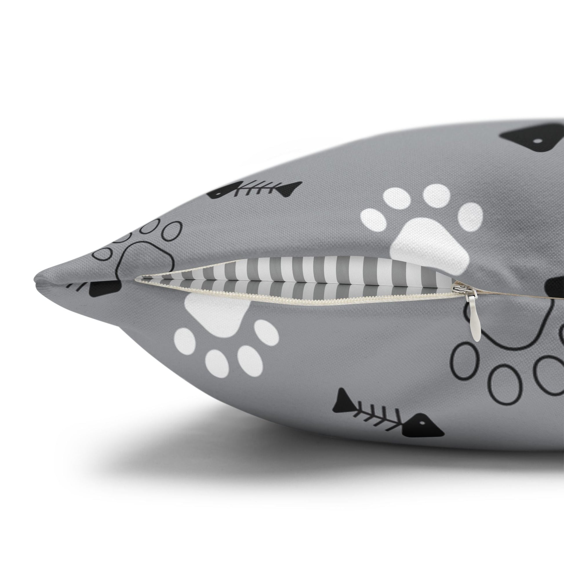 Cat Paw Print Decorative Pillowcase — Grey Fishbone & Paw Pattern Cushion Cover Printify