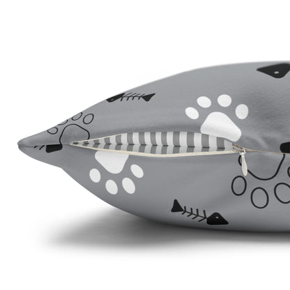 Cat Paw Print Decorative Pillowcase — Grey Fishbone & Paw Pattern Cushion Cover Printify