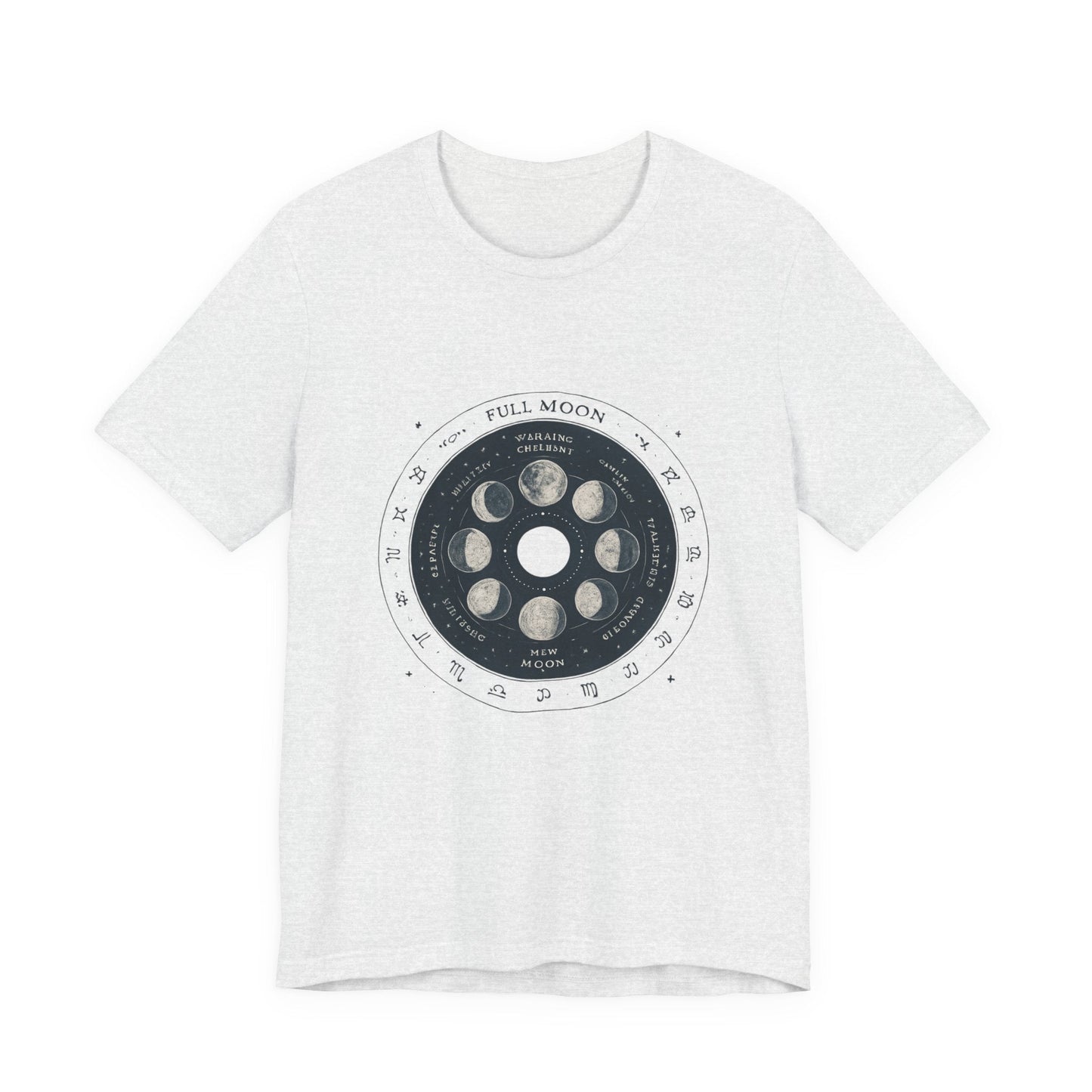 Moon Phases T-Shirt — Illustrated Lunar Cycle Tee (Full Moon, New Moon & Zodiac Icons) Printify