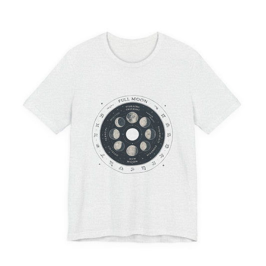 Moon Phases T-Shirt — Illustrated Lunar Cycle Tee (Full Moon, New Moon & Zodiac Icons) Printify