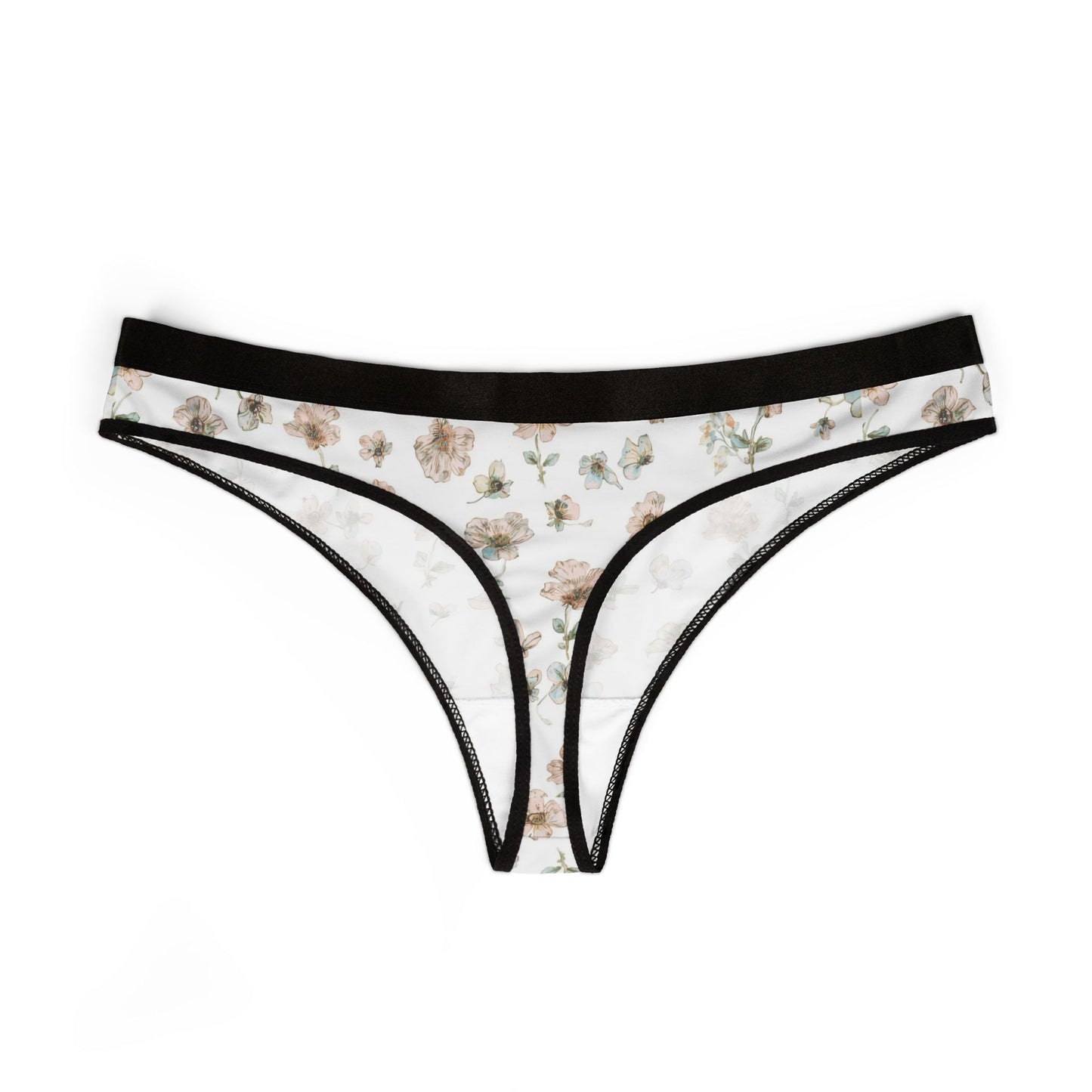 Floral Lace-Trim Thong Panties — Vintage Rose Print Women’s Underwear