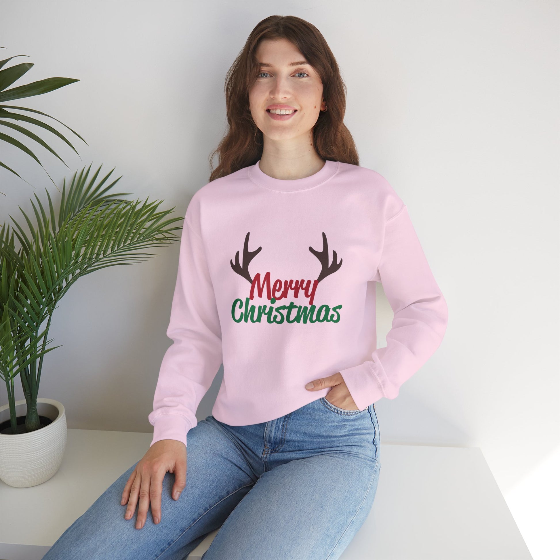 Merry Christmas Reindeer Antlers Crewneck Sweatshirt Printify