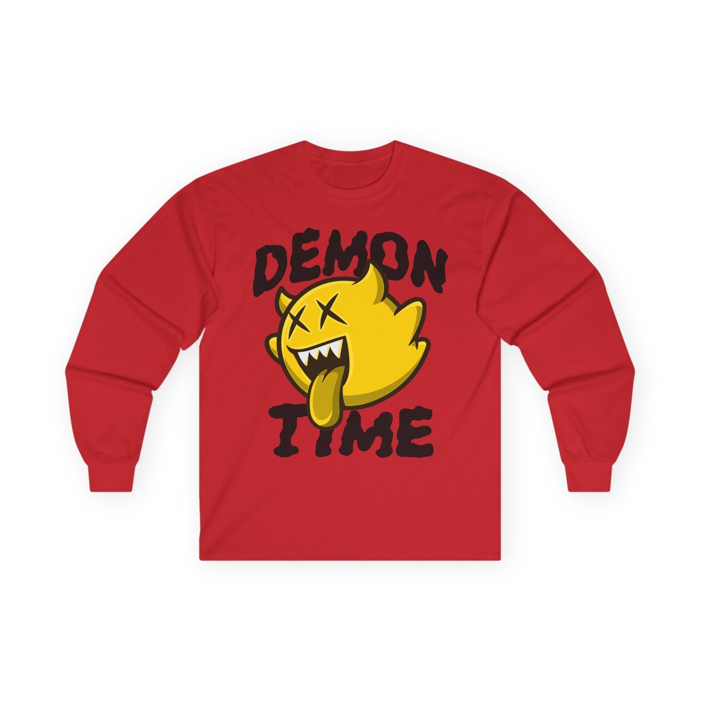 Long Sleeve Tee — "Demon Time" Yellow Cartoon Demon Graphic T-shirt Printify