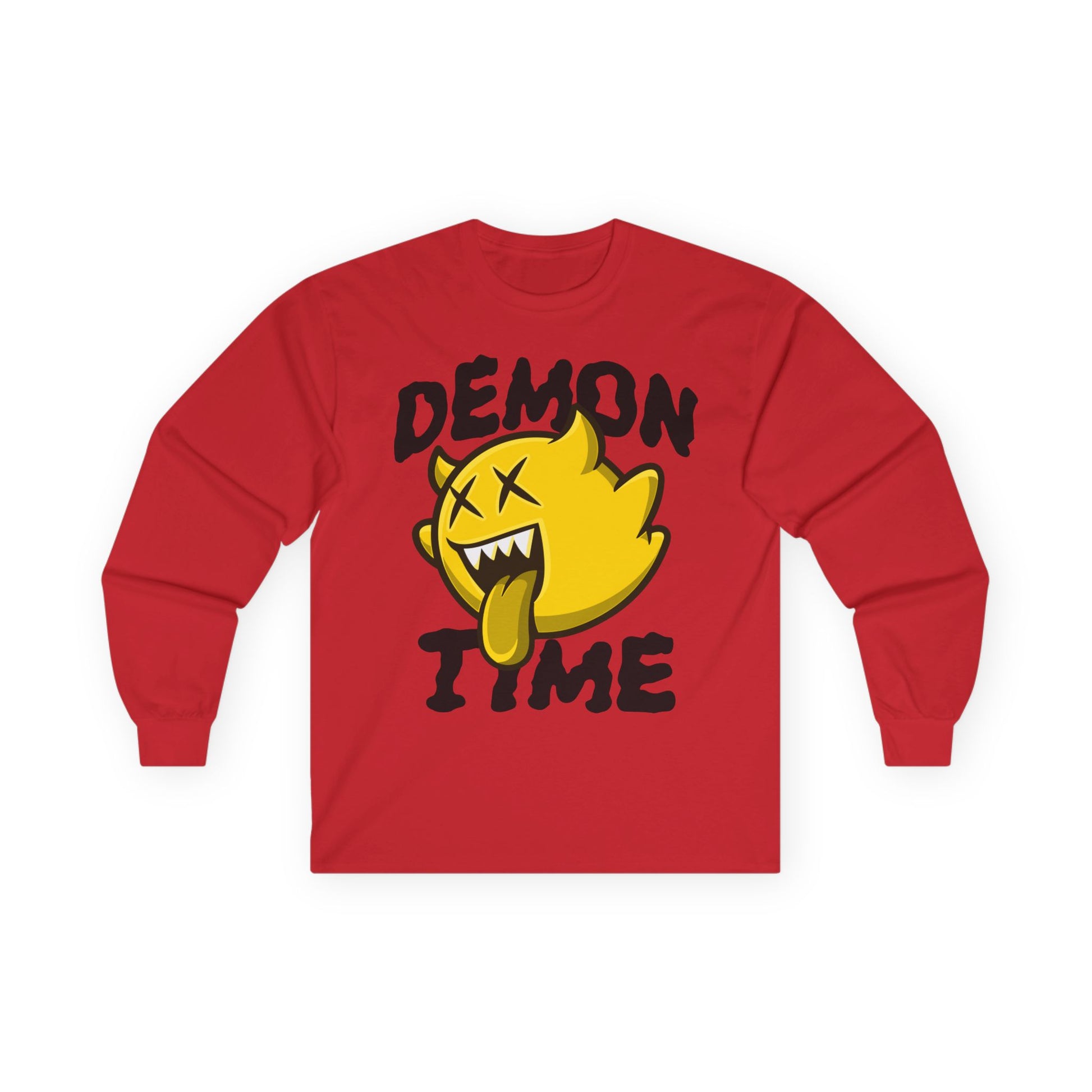 Long Sleeve Tee — "Demon Time" Yellow Cartoon Demon Graphic T-shirt Printify