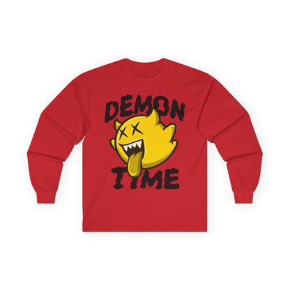 Long Sleeve Tee — "Demon Time" Yellow Cartoon Demon Graphic T-shirt Printify
