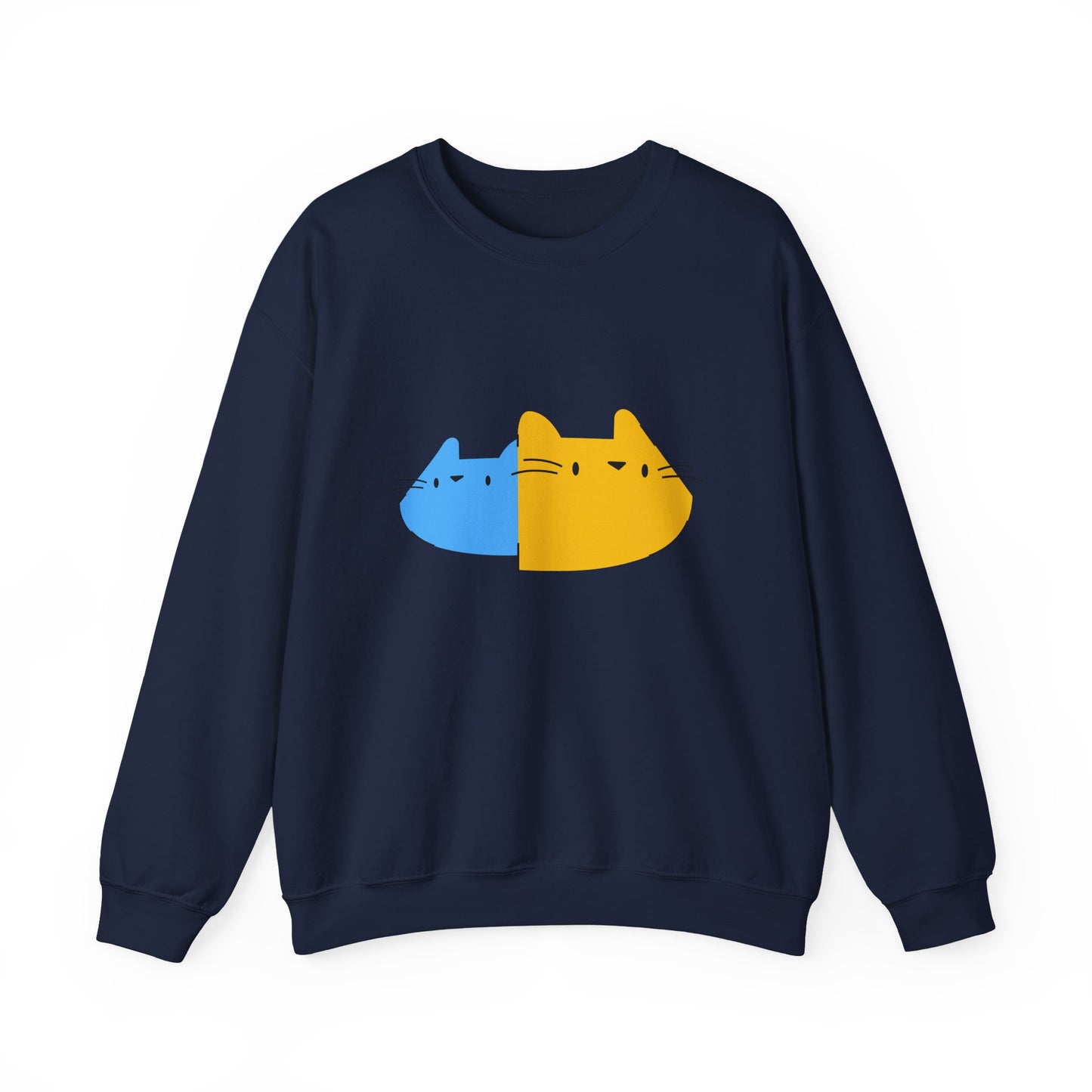 Cat Split Face Crewneck Sweatshirt – Cute Blue & Yellow Cat Graphic Printify