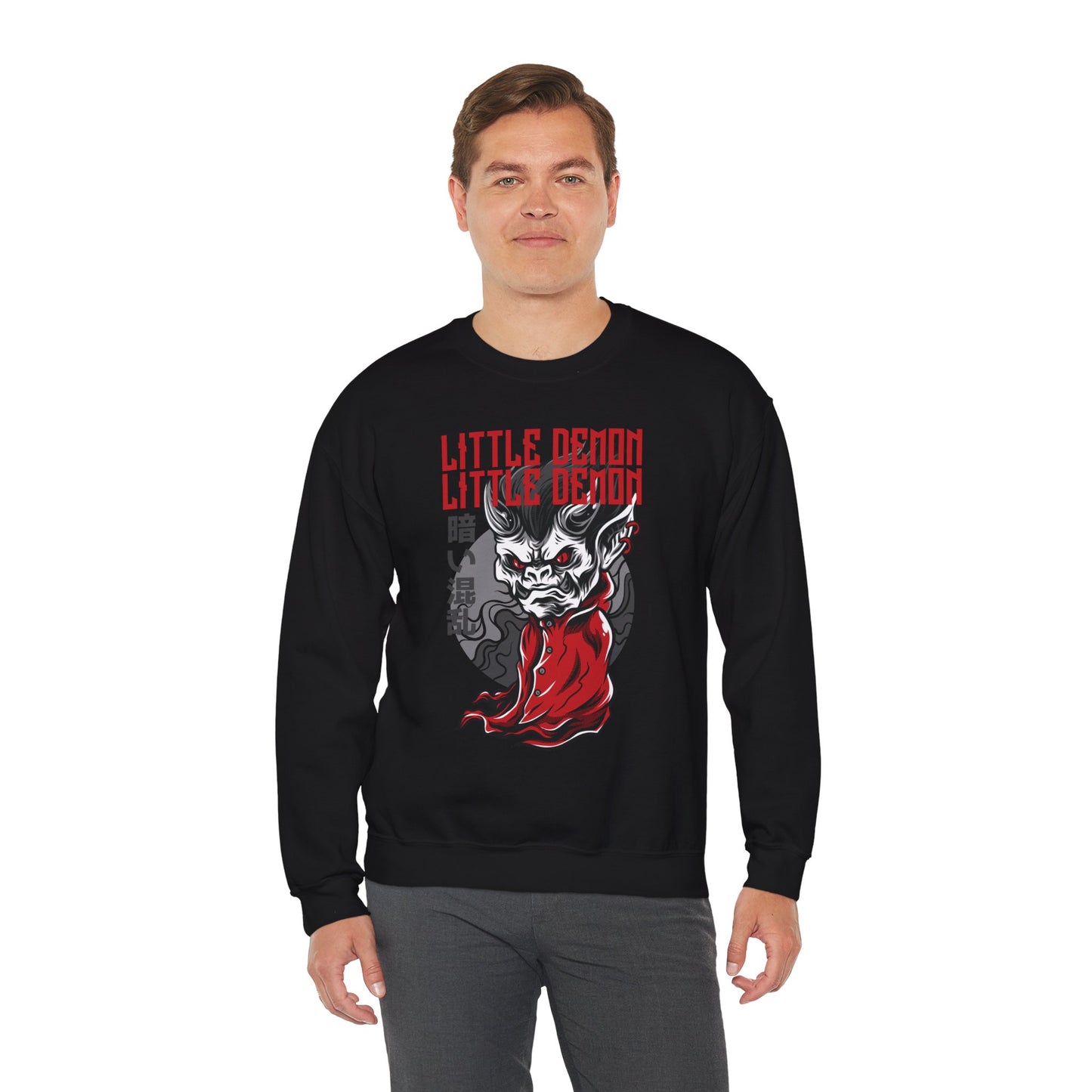 Little Demon Crewneck Sweatshirt — Gothic Oni Skull Pullover Printify