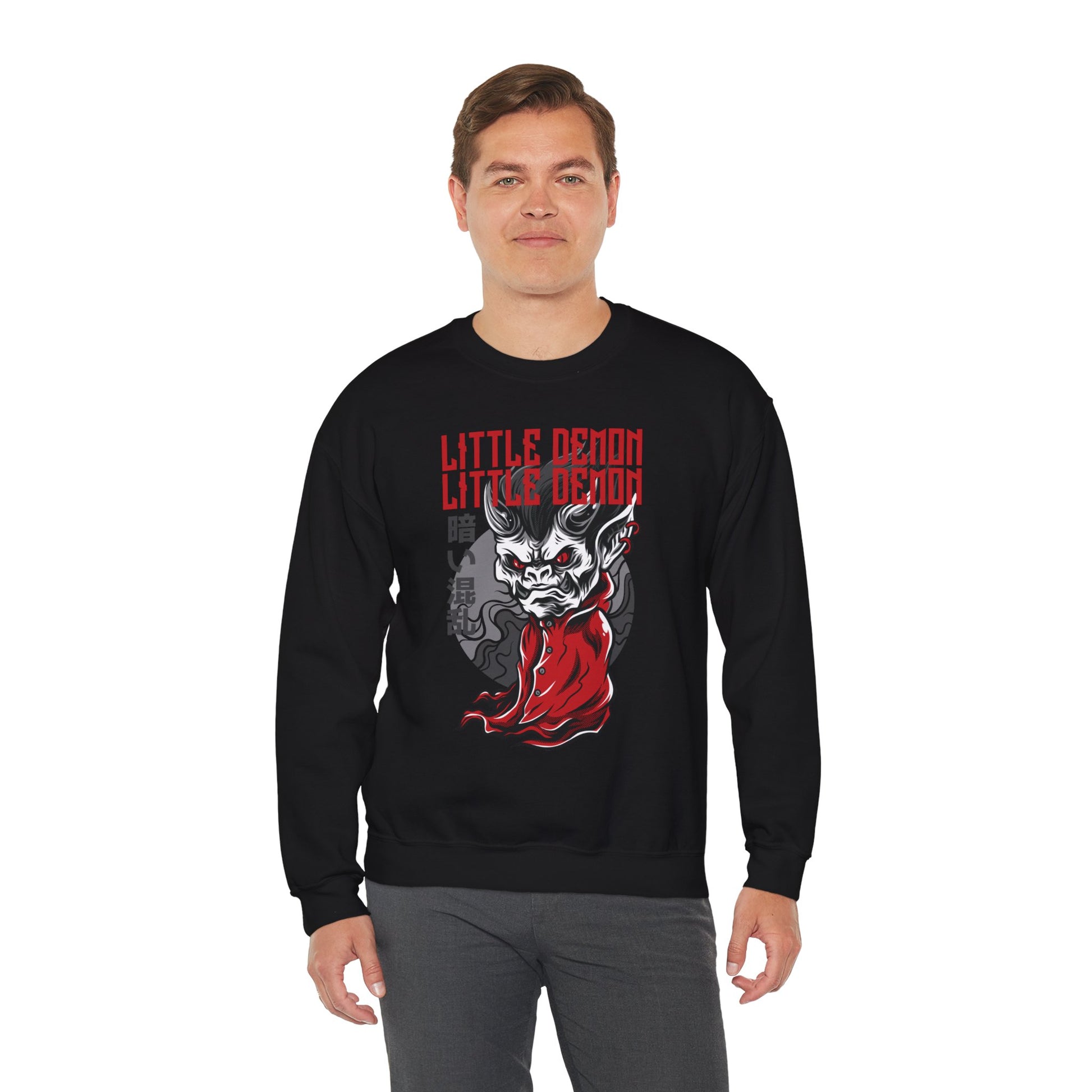 Little Demon Crewneck Sweatshirt — Gothic Oni Skull Pullover Printify