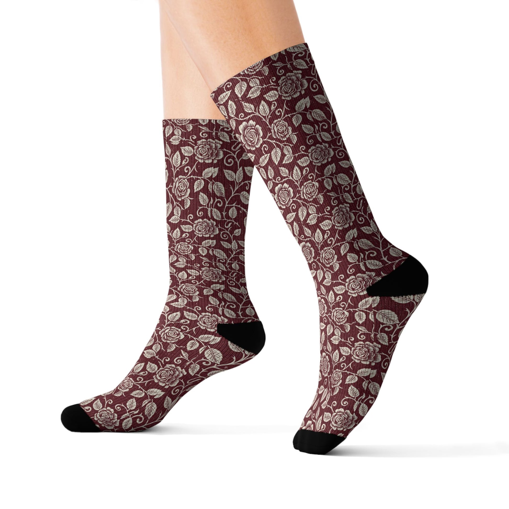 Vintage Floral Sublimation Socks — Burgundy Paisley Patterned Crew Socks Printify
