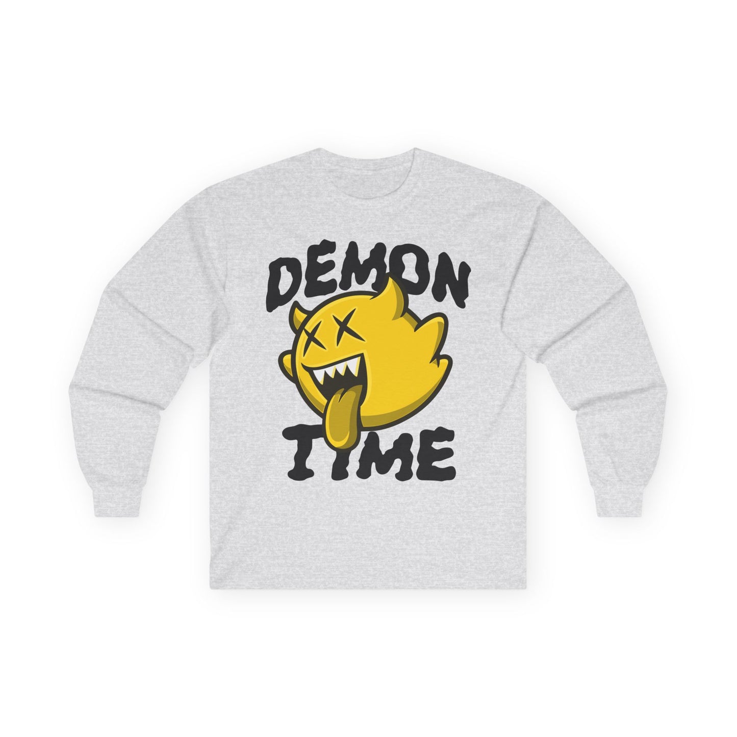 Long Sleeve Tee — "Demon Time" Yellow Cartoon Demon Graphic T-shirt Printify