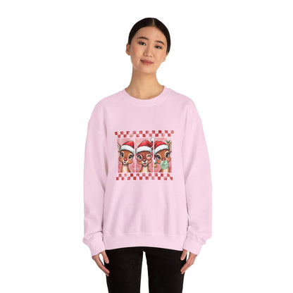 Christmas Reindeer Trio Crewneck Sweatshirt – Cute Santa Hat Holiday Sweater Printify