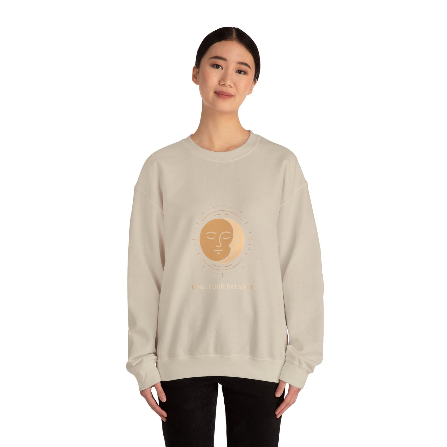 Minimalist Sun & Moon Face Crewneck Sweatshirt — Calm Vibes, Spiritual Graphic Printify