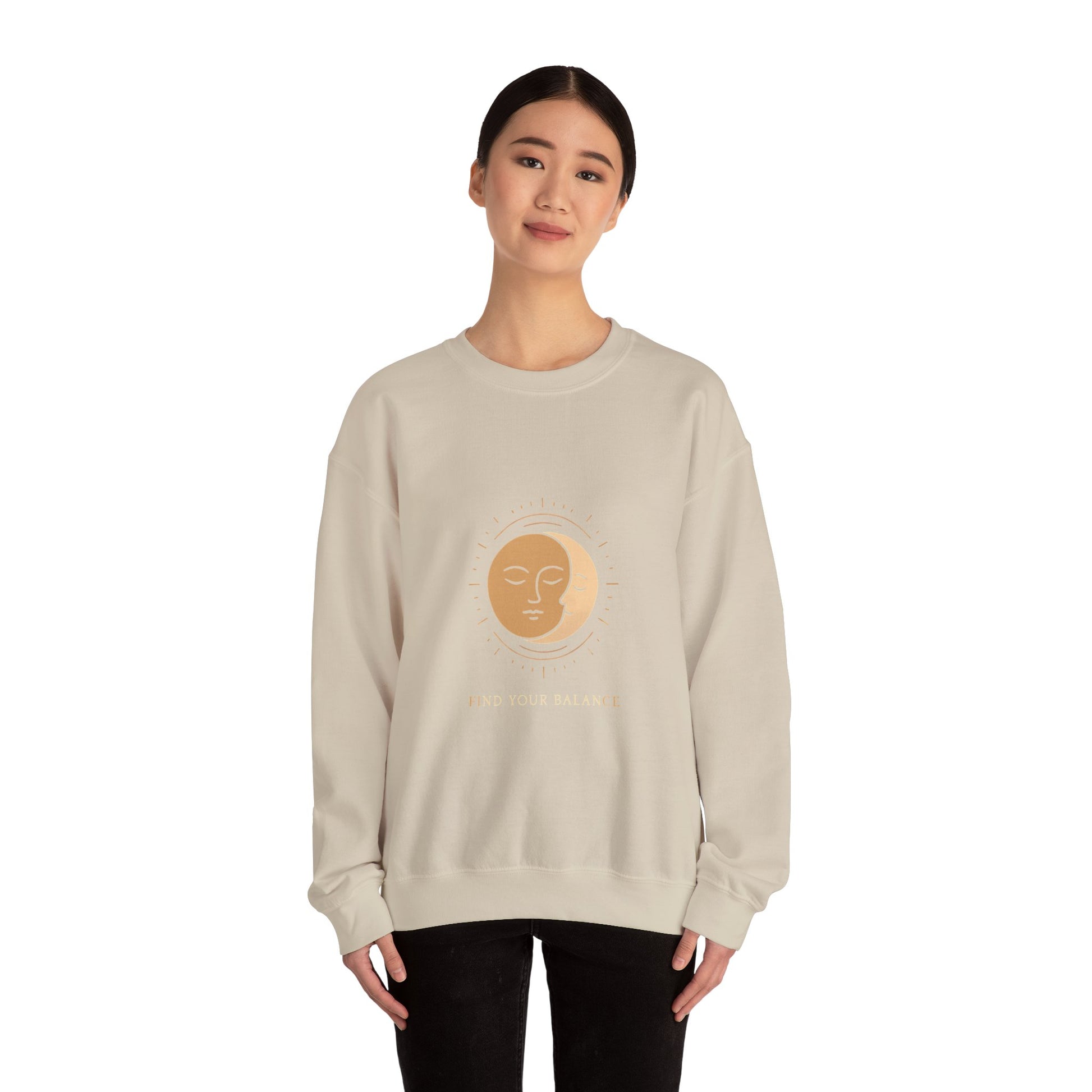 Minimalist Sun & Moon Face Crewneck Sweatshirt — Calm Vibes, Spiritual Graphic Printify