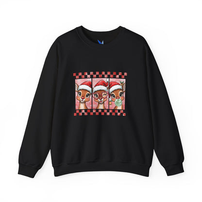 Christmas Reindeer Trio Crewneck Sweatshirt – Cute Santa Hat Holiday Sweater Printify