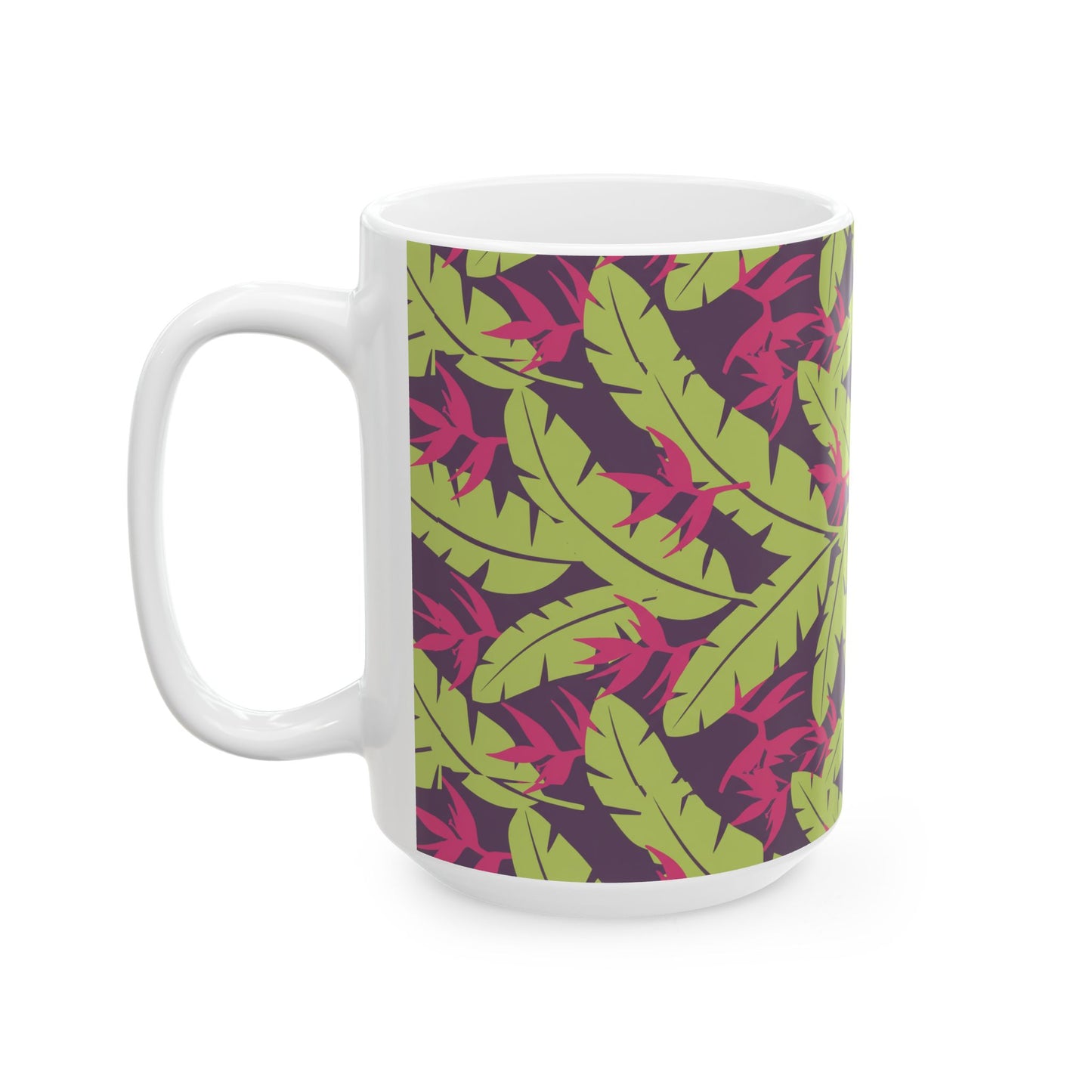 Tropical Leaf Pattern Ceramic Mug — Green & Pink Botanical Coffee Cup (11oz/15oz) Printify