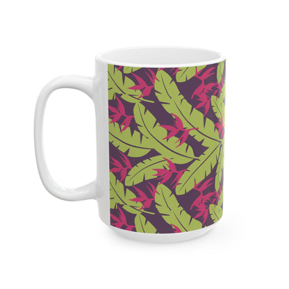 Tropical Leaf Pattern Ceramic Mug — Green & Pink Botanical Coffee Cup (11oz/15oz) Printify