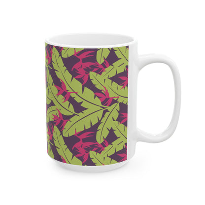 Tropical Leaf Pattern Ceramic Mug — Green & Pink Botanical Coffee Cup (11oz/15oz) Printify