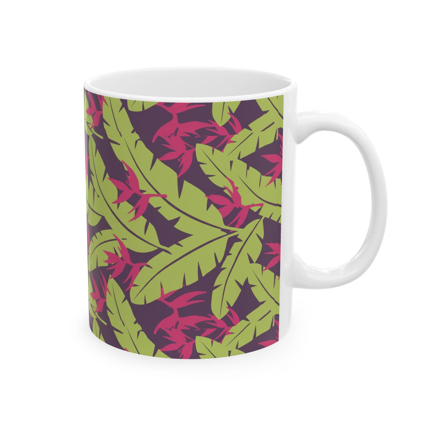 Tropical Leaf Pattern Ceramic Mug — Green & Pink Botanical Coffee Cup (11oz/15oz) Printify