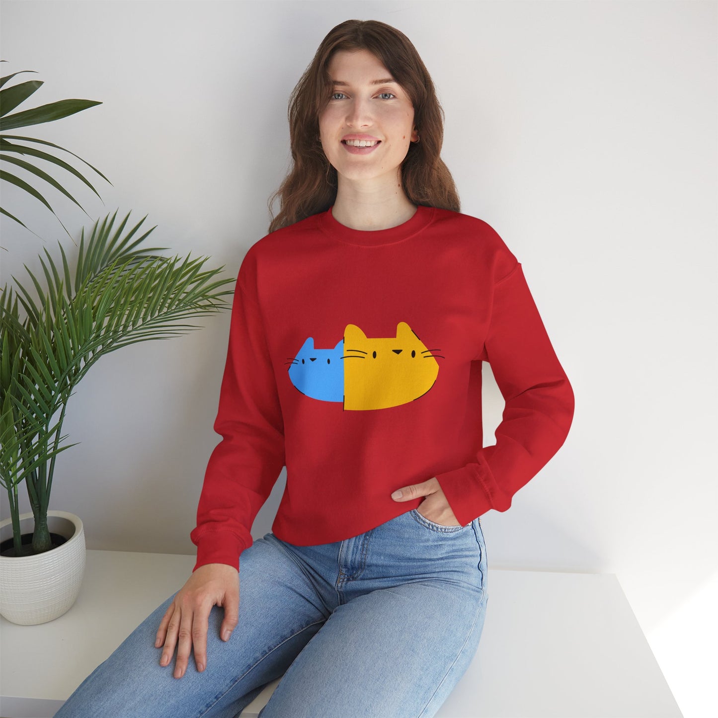 Cat Split Face Crewneck Sweatshirt – Cute Blue & Yellow Cat Graphic Printify