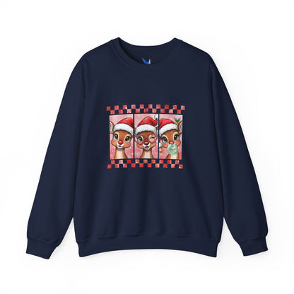 Christmas Reindeer Trio Crewneck Sweatshirt – Cute Santa Hat Holiday Sweater Printify