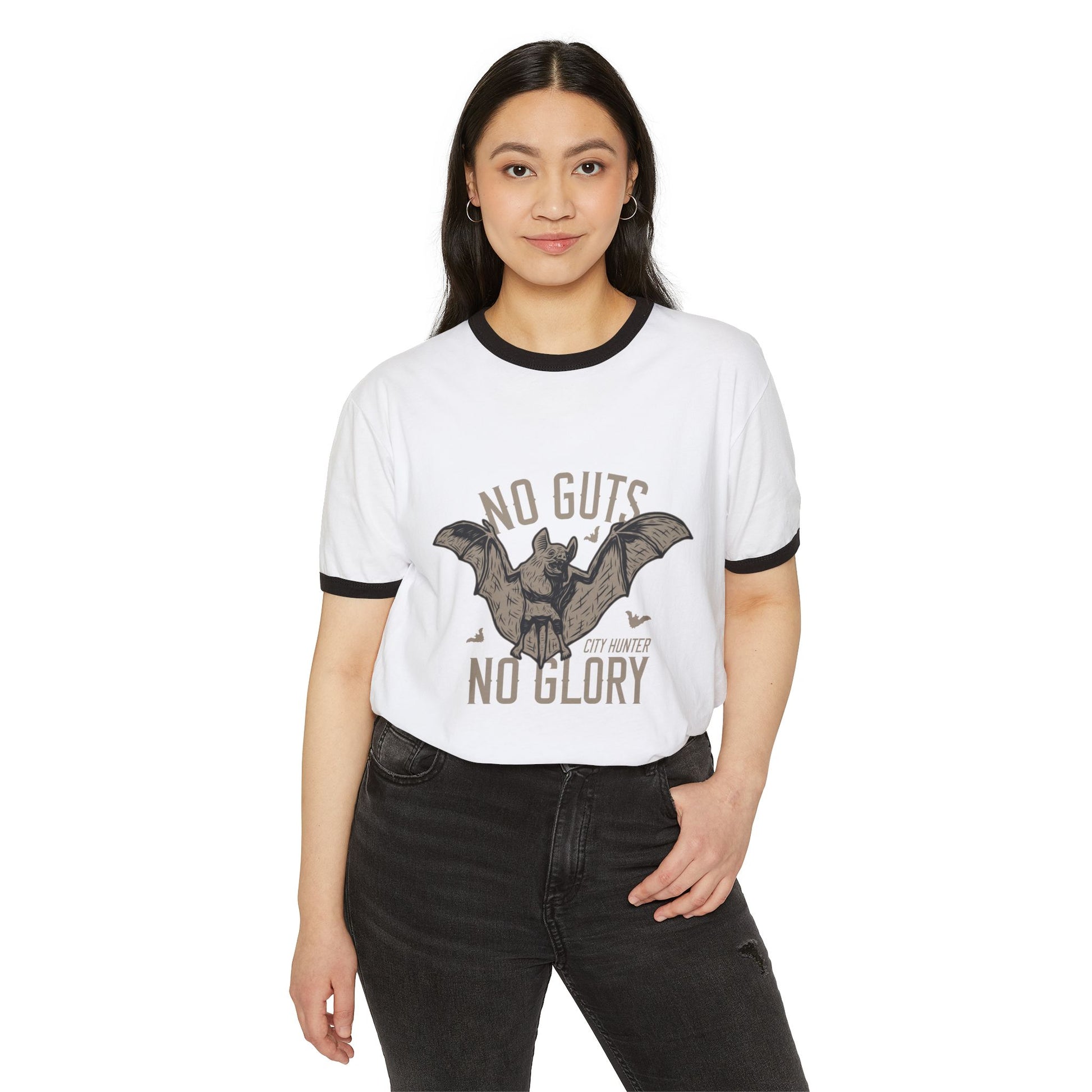 Bat Hunter Ringer Tee — "No Guts No Glory" Vintage Graphic T-Shirt Printify