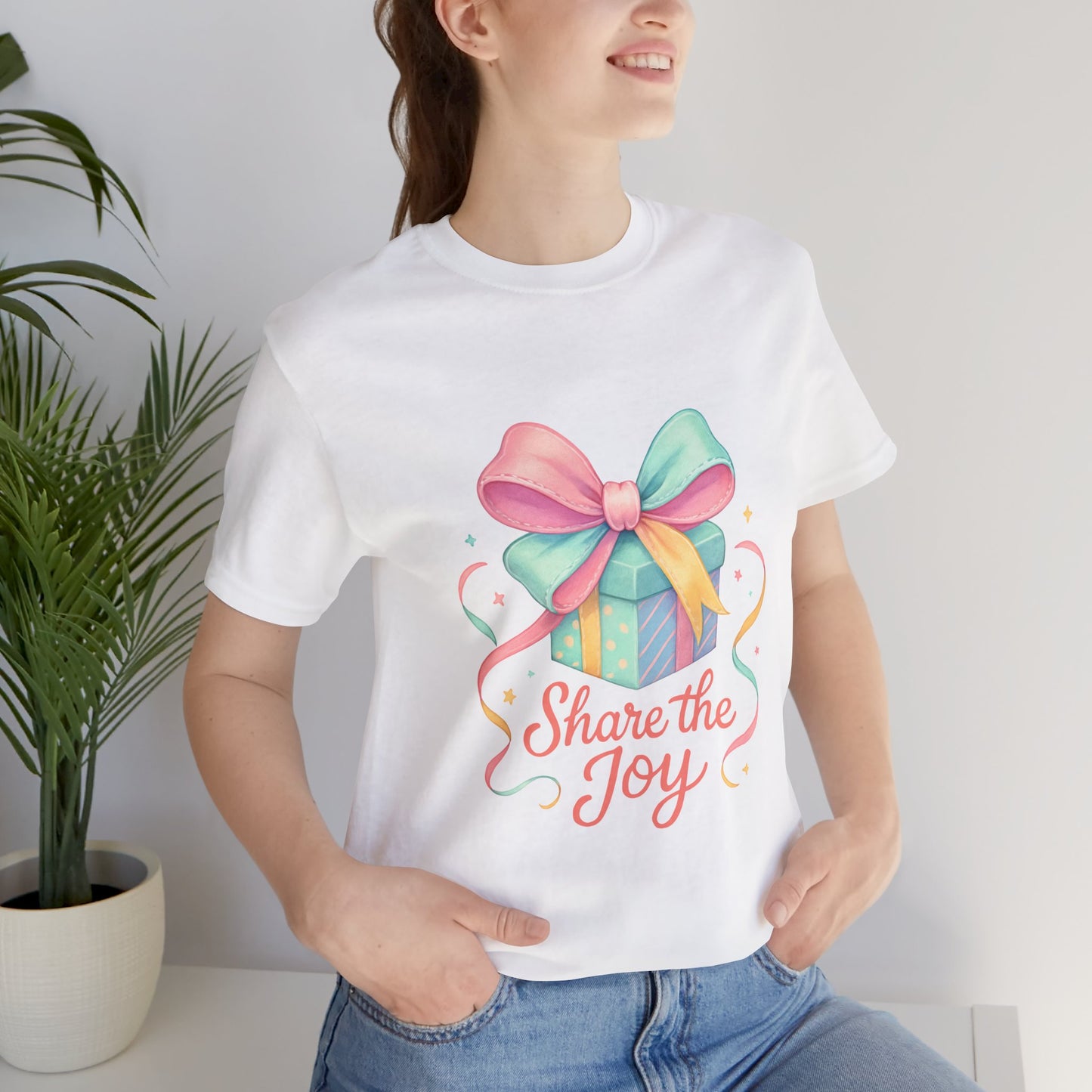 Share the Joy Gift Tee — Pastel Present Graphic T-Shirt Printify