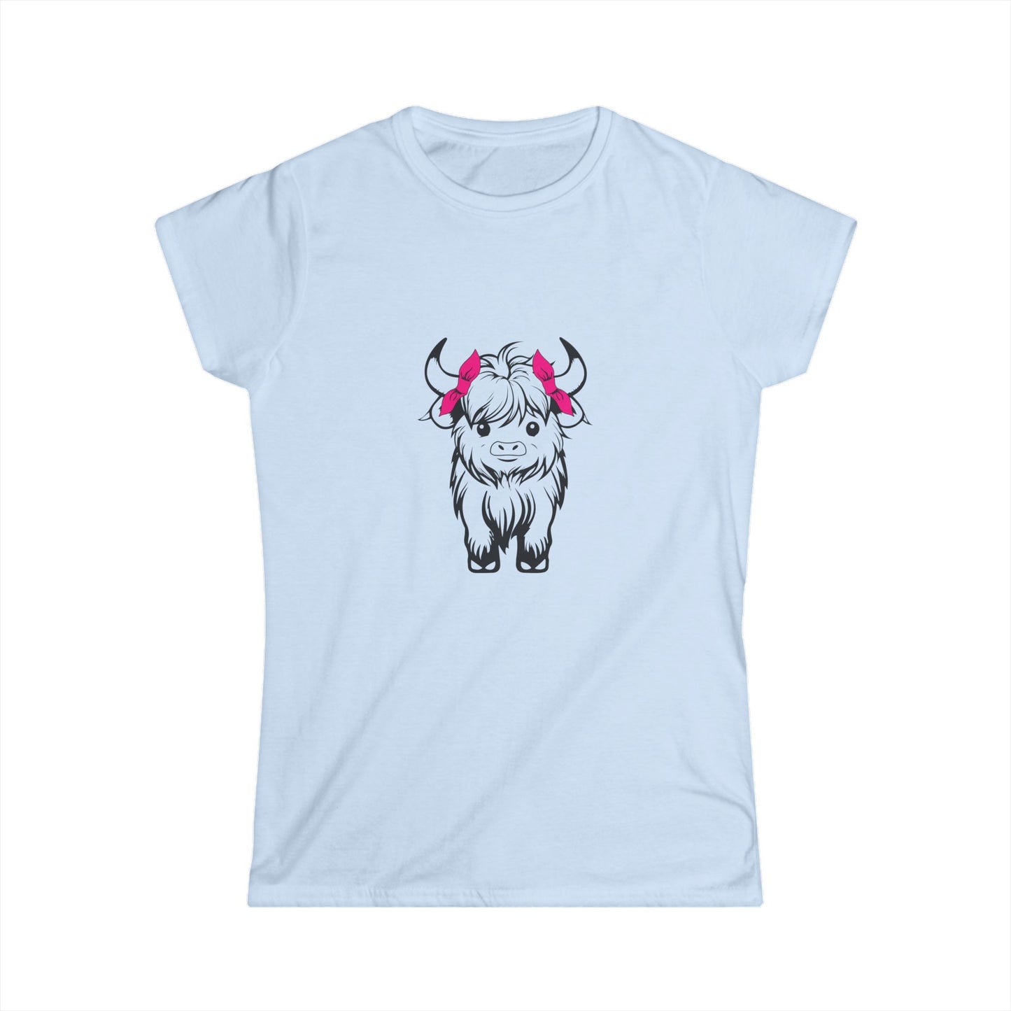 Highland Cow Tee — Cute Yak Illustration Women's T-Shirt with Pink Horn Bows Printify
