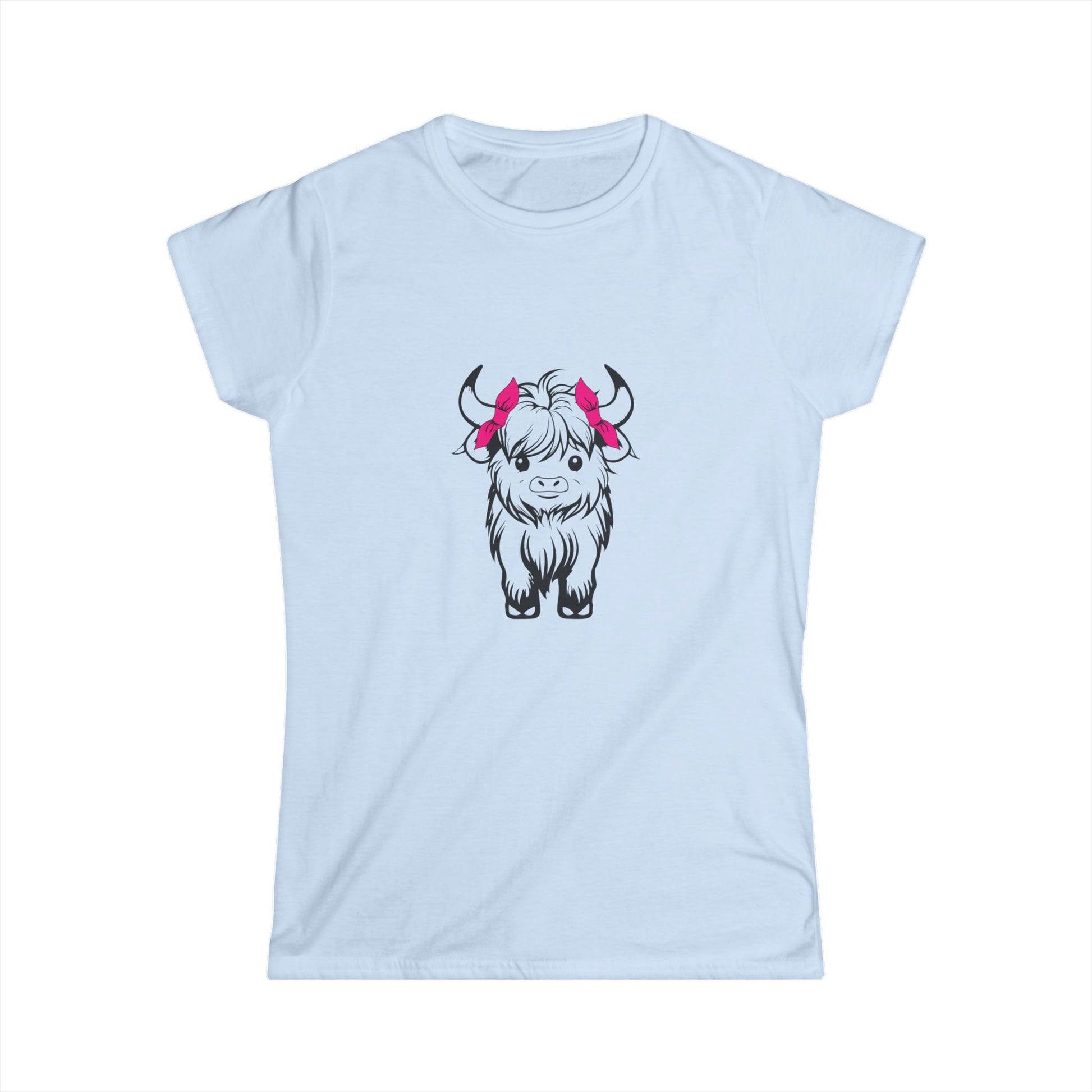 Highland Cow Tee — Cute Yak Illustration Women's T-Shirt with Pink Horn Bows Printify