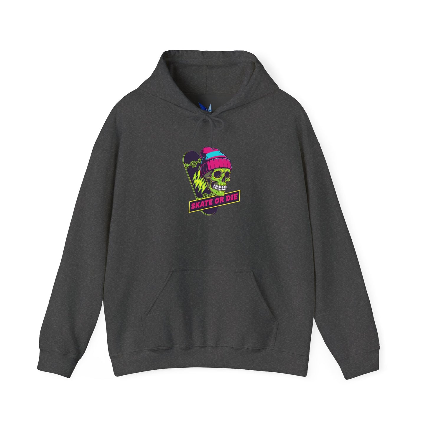 Skate or Die Skull Skateboard Hoodie — Neon Retro Skull Beanie Design Printify