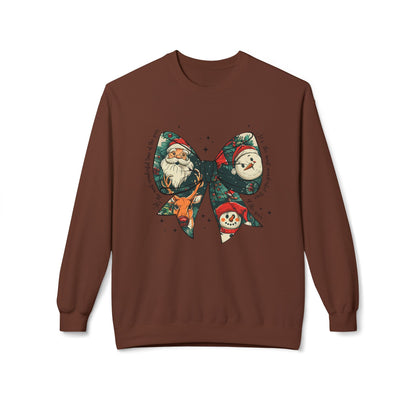 Christmas Bow Sweatshirt — Vintage Santa & Snowman Holiday Crewneck Printify