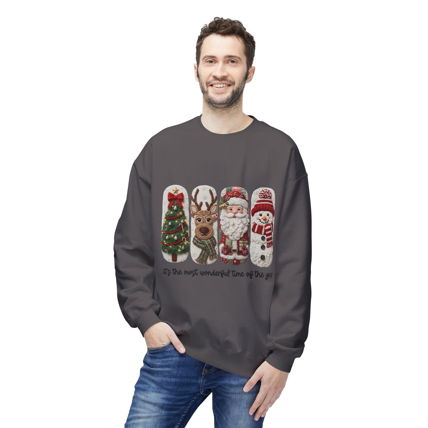 Christmas Crewneck Sweatshirt — Festive Tree Reindeer Santa Snowman Design Printify