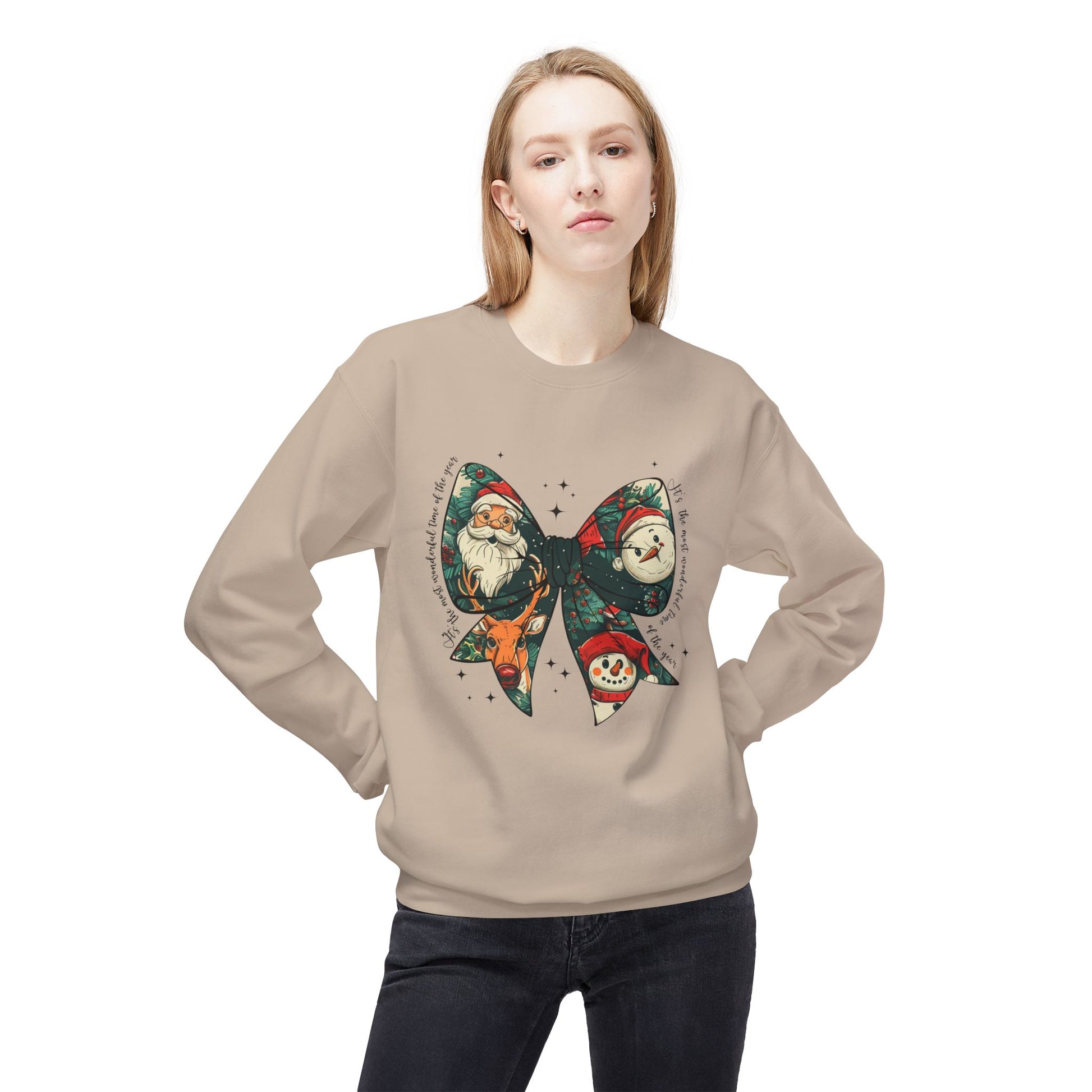 Christmas Bow Sweatshirt — Vintage Santa & Snowman Holiday Crewneck Printify