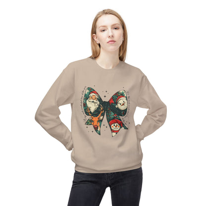 Christmas Bow Sweatshirt — Vintage Santa & Snowman Holiday Crewneck Printify
